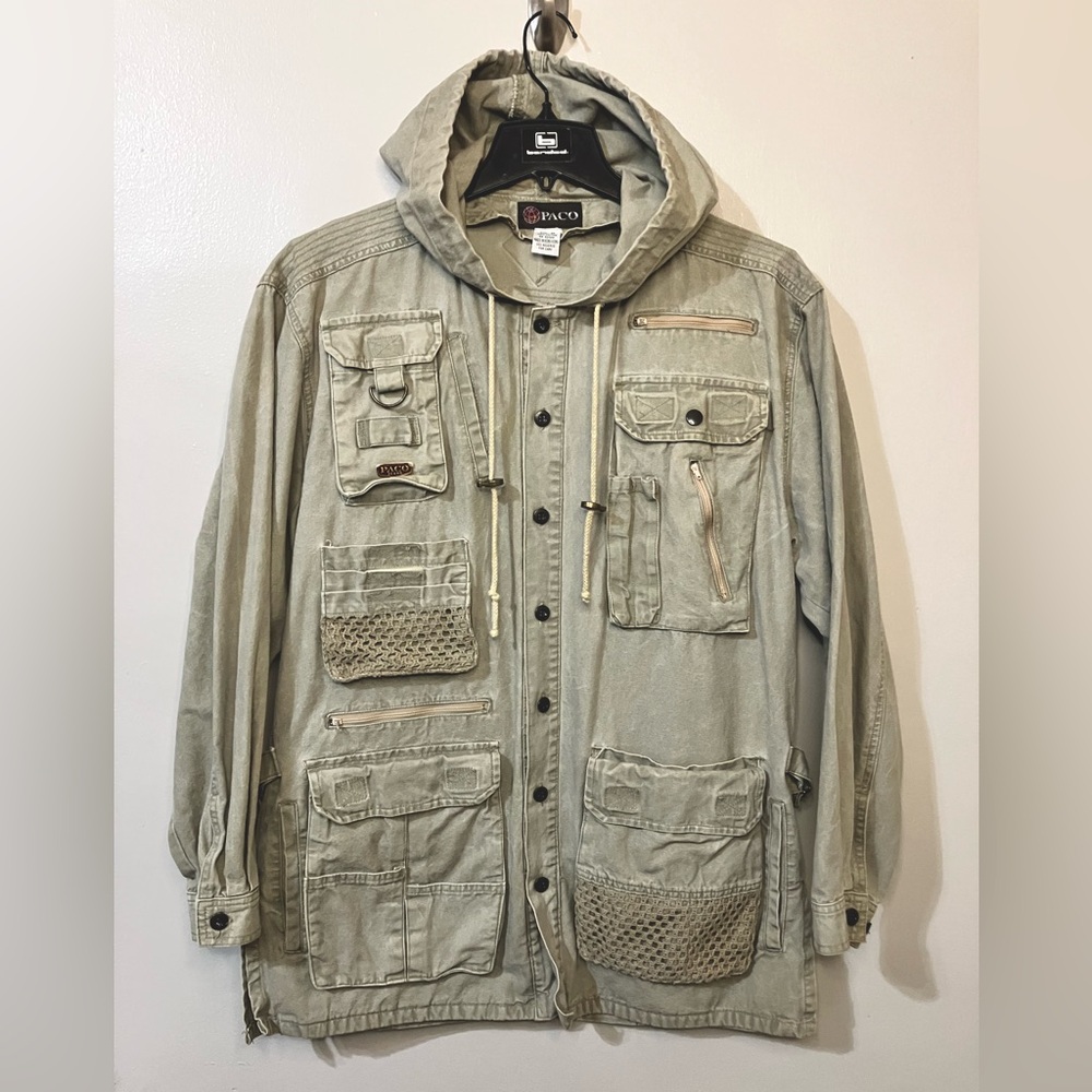 Vintage Paco Field Jacket Men’s Med Olive Green Canvas Button Up Hooded Pockets